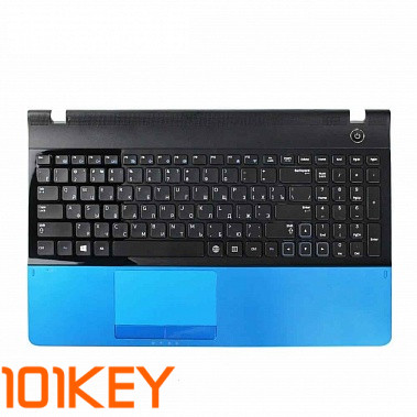 Клавиатура для ноутбука Samsung NP300E5A черная, верхняя панель в сборе (голубая)