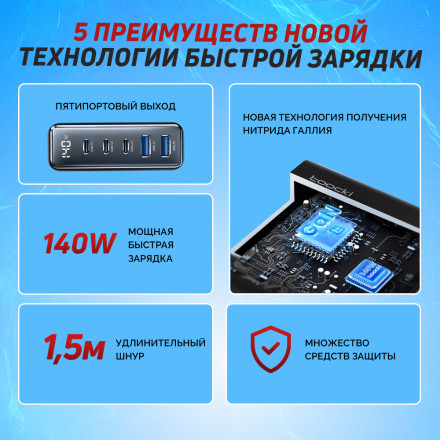 Настольное зарядное устройство 140W GaN 3xUSB - C + 2xUSB-A 3.0 Toocki original